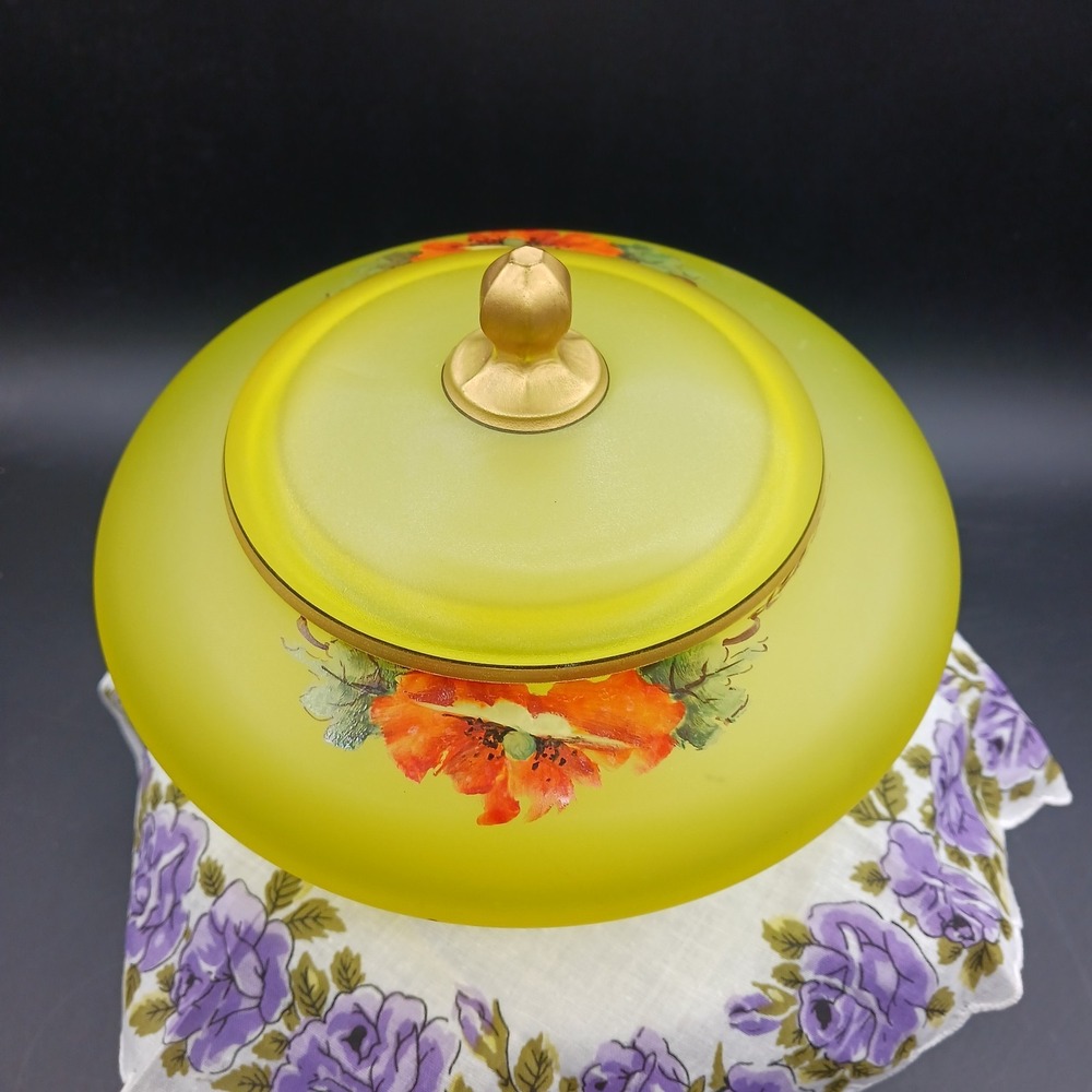 Tiffin U.S. Glass #179 Satin Canary Vaseline Lidded Bowl Handpainted Nasturtium